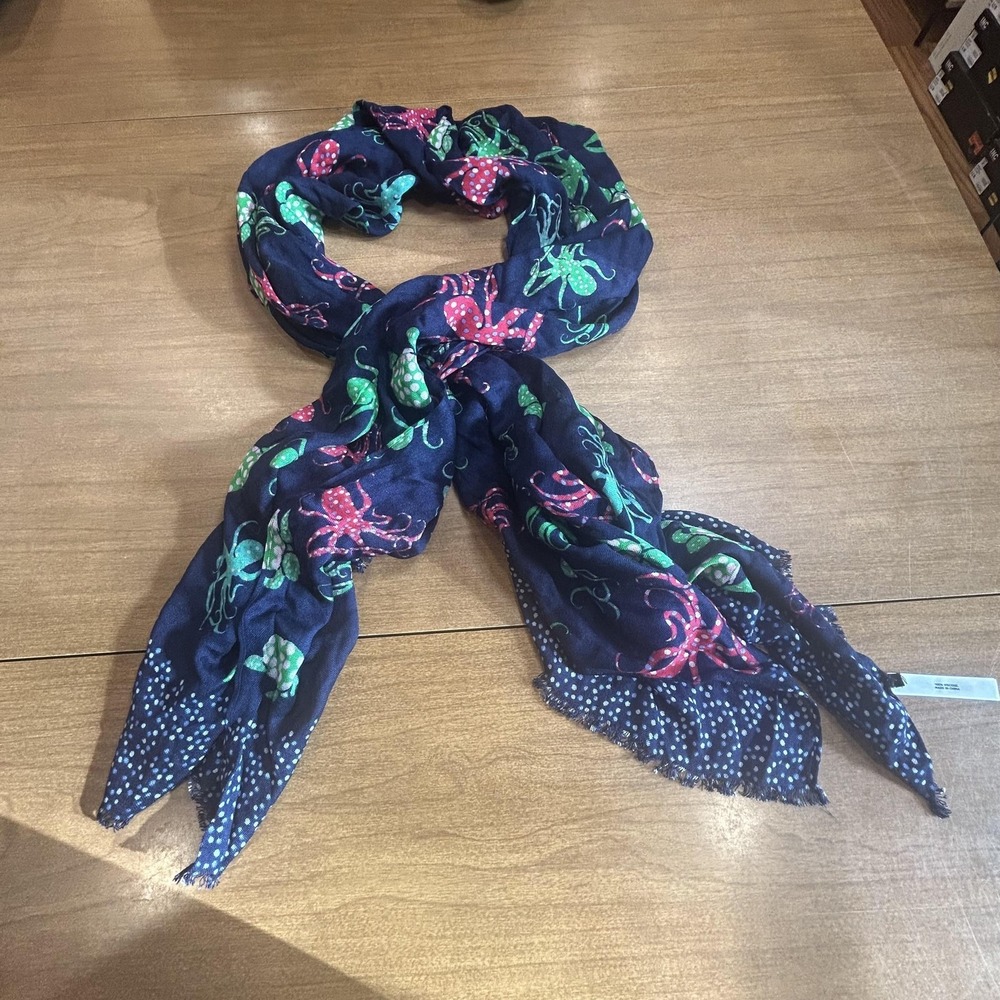Talbots Scarf Womens 24x70 Navy Octopus Turtle Nautical Polka Dot Viscose Fringe